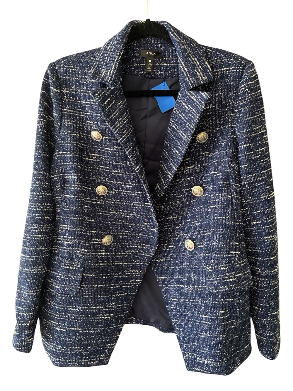 AQUA Lightweight Navy Tweed Double-Breasted Blazer w/ Silver Buttons Roomy Sz. S